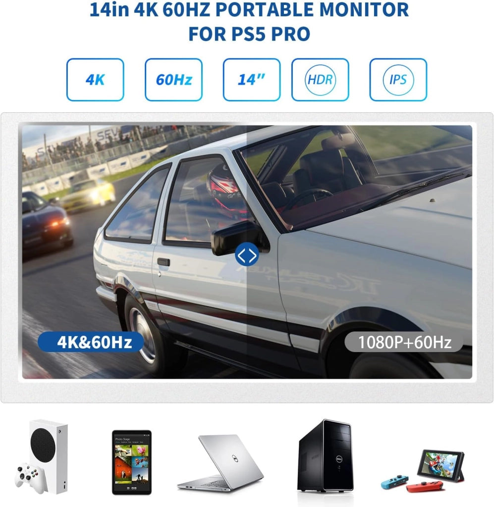 Monitor Portatile per Giochi da 14" IPS 4K 60Hz con Integrazione per PS5 pro (PS5 pro non incluso) 3840×2160 con 2 Porte HDMI, FreeSync, 2 Altoparlanti Stereo Multimedia Integrati