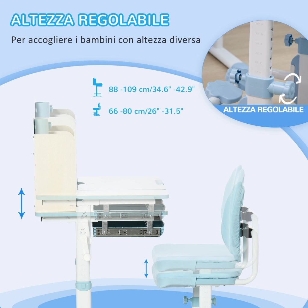 Scrivania Regolabile per Bambini con Sedia ¨C zephmum ¨C Azzurro, Legno e Metallo, 90x50x75 cm