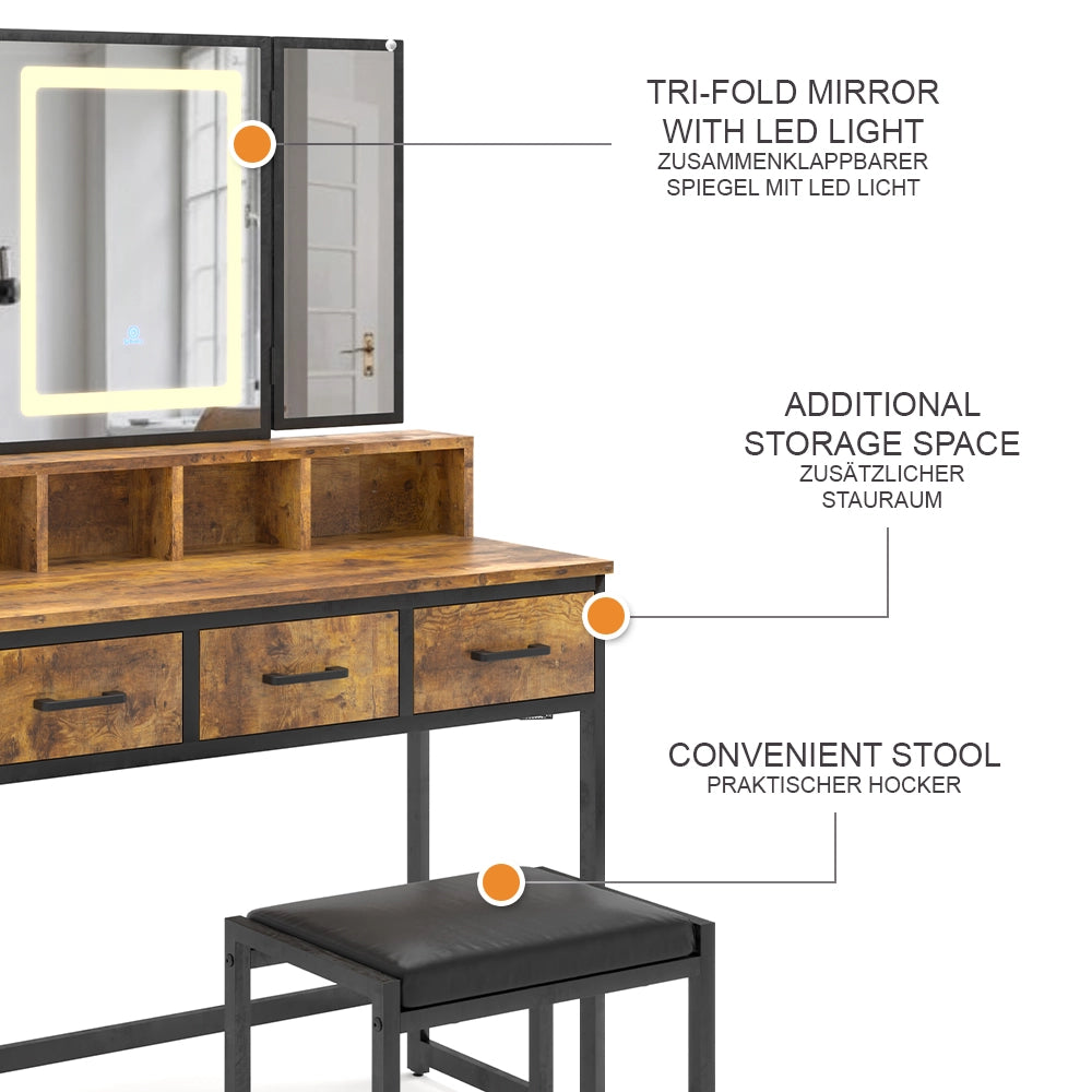 Vicco Tavolo da toilette Rovere rustico 90 cm con sgabello e specchio LED