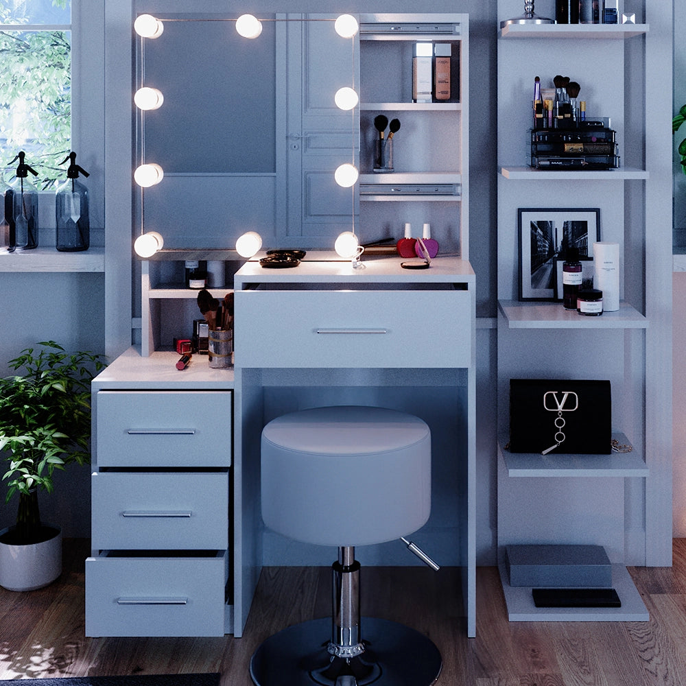 Tavolo da toeletta Conrada Bianco 80 cm con illuminazione LED e sgabello Vicco
