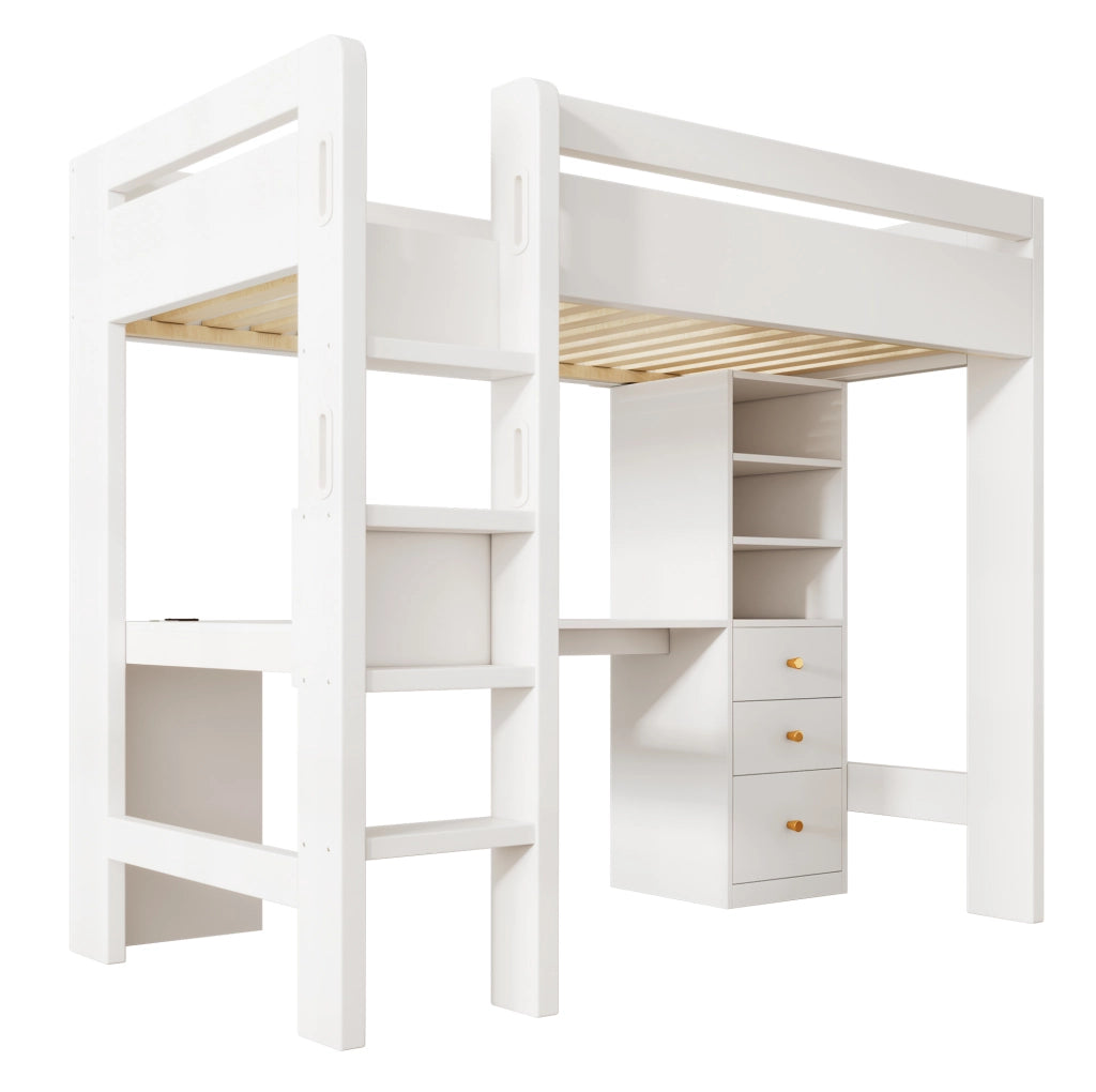 Letto a soppalco ULEVR 90x200 cm con scrivania angolare, 3 cassetti, 3 ripiani e ricarica USB/Type-C, bianco