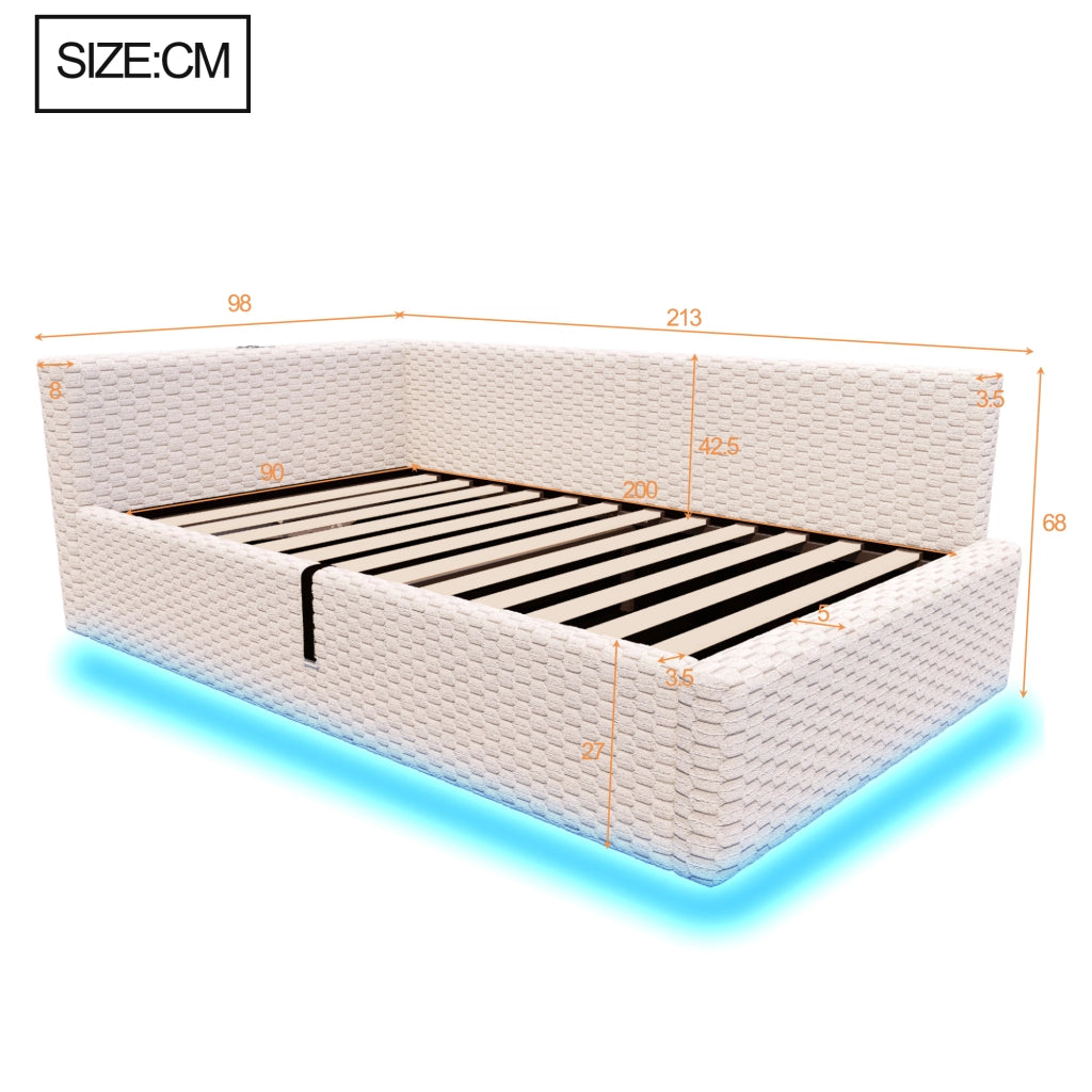 DESMIU Letto Divanetto 1 Piazza con Contenitore, LED, 2 USB e Tipo C 90 × 200 cm, senza Materasso, Beige