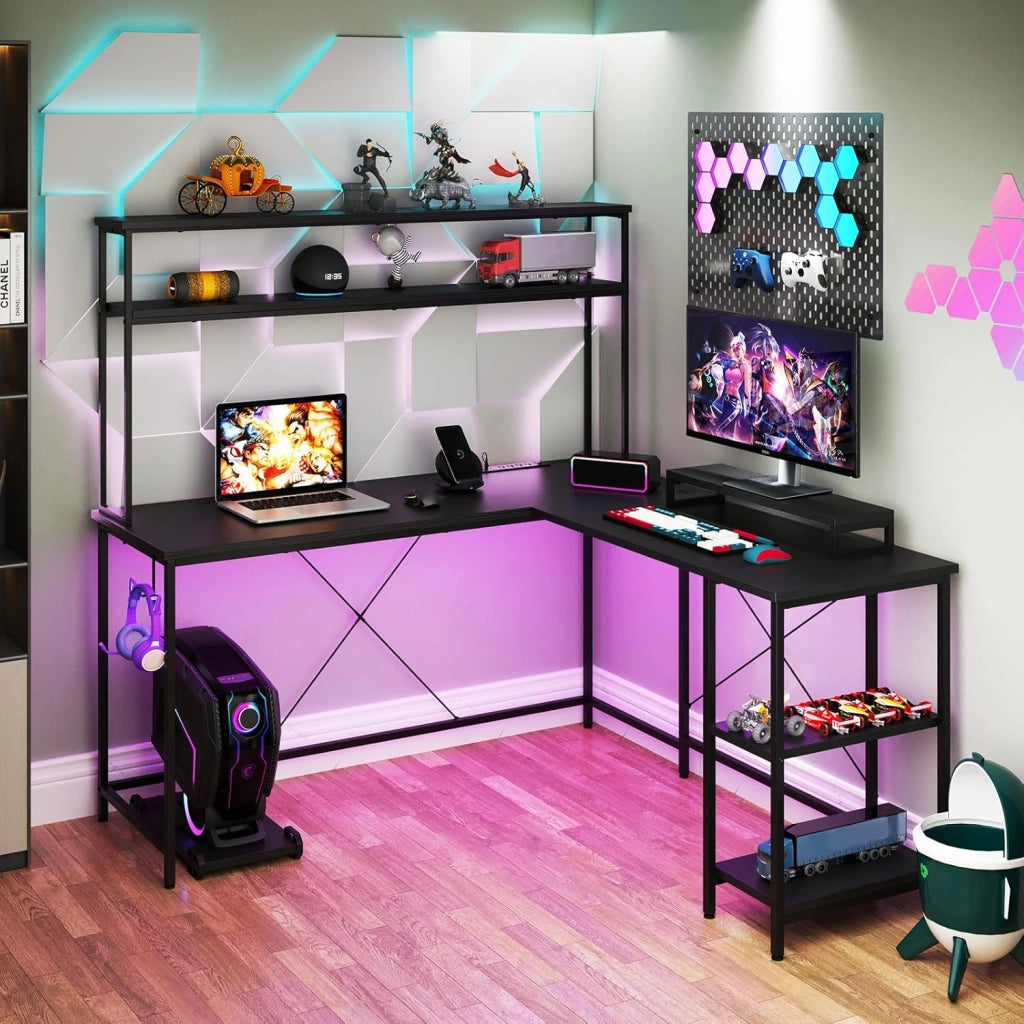 Scrivania per computer a forma di L convertibile con LED, ripiani aperti e supporto per monitor, gancio laterale, stazione di ricarica, 145 x 145 cm, per ufficio, studio (nero)