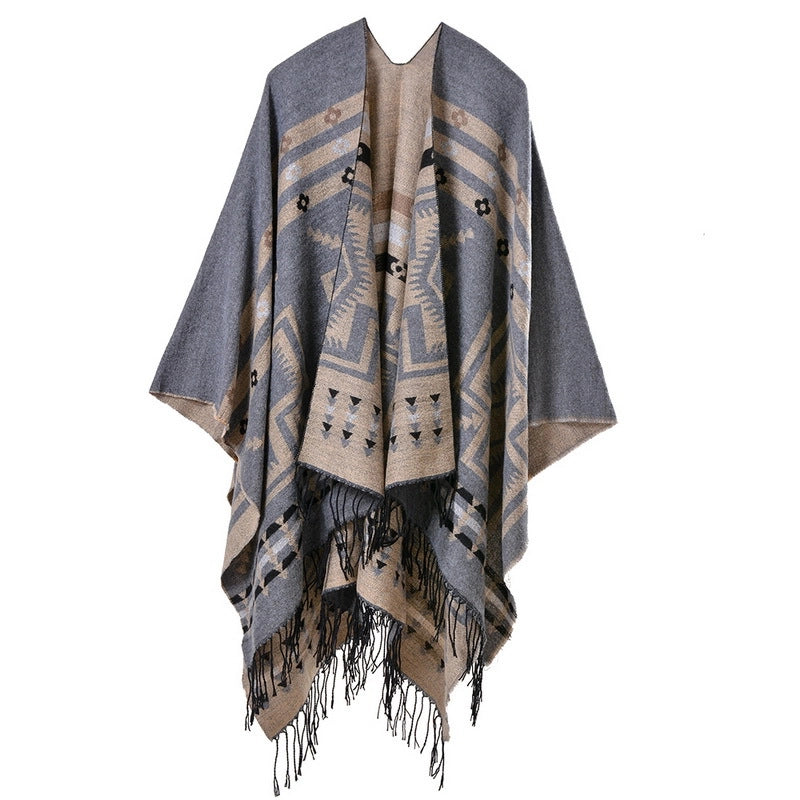 Sciarpa/stola lunga e spessa in cashmere con motivo a nappe incrociate, popolare in Europa e America.