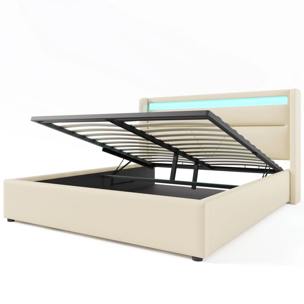 Letti contenitori 160x200 cm; sollevamento idraulico; PU; bianco (Senza materasso)