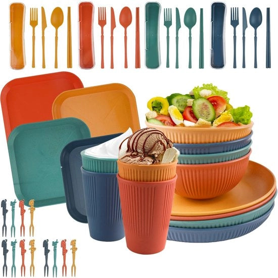 Set di tavoli da campeggio e piatti in plastica leggera, impermeabile e onbendibile, per 4 persone, resistenti a microonde e lavastoviglie