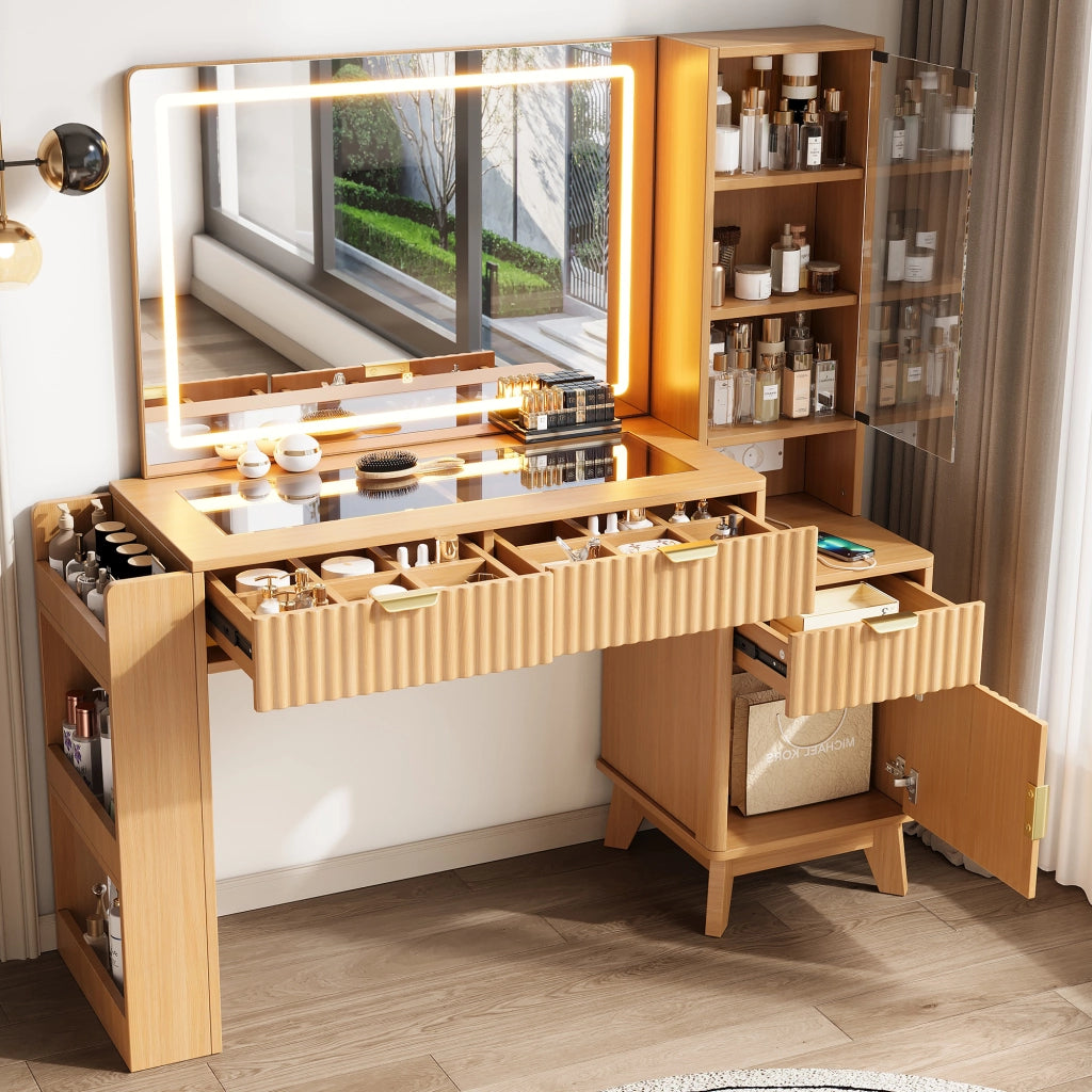 Toeletta con specchio LED, prese elettriche USB e USB-C, 3 cassetti e vani laterali, 133x136x40 cm, Natural