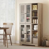 Credenza Cucina Alta con Vetrina a 4 Ante, Chiusura Soft e 6 Ripiani aperti Regolabili, design moderno, 90x35x172 cm Grigio Chiaro |Aosom Italy