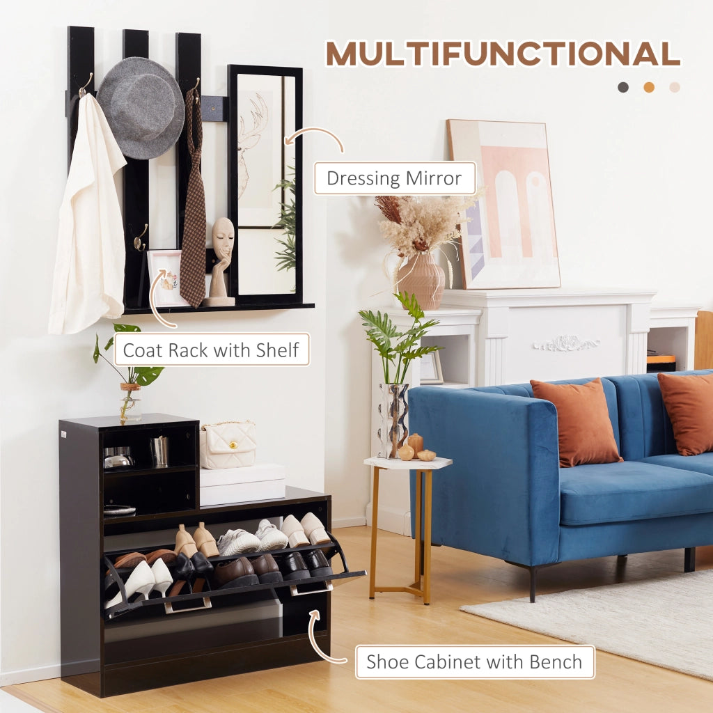 EasyComfort Set Appendi Abiti da Ingresso con Specchio e Scarpiera per 8 Paia di Scarpe, Nero Lucido