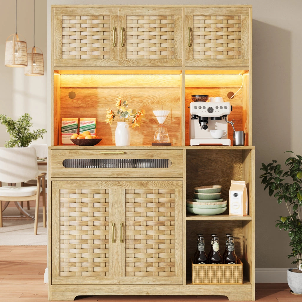 Credenza alta 120x40x180 cm con LED; ante in vetro; MDF e metallo naturale