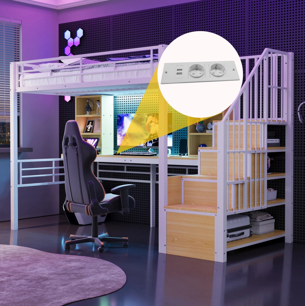Letto a soppalco multifunzione 90x200 cm con scrivania; scala contenitore e LED; bianco