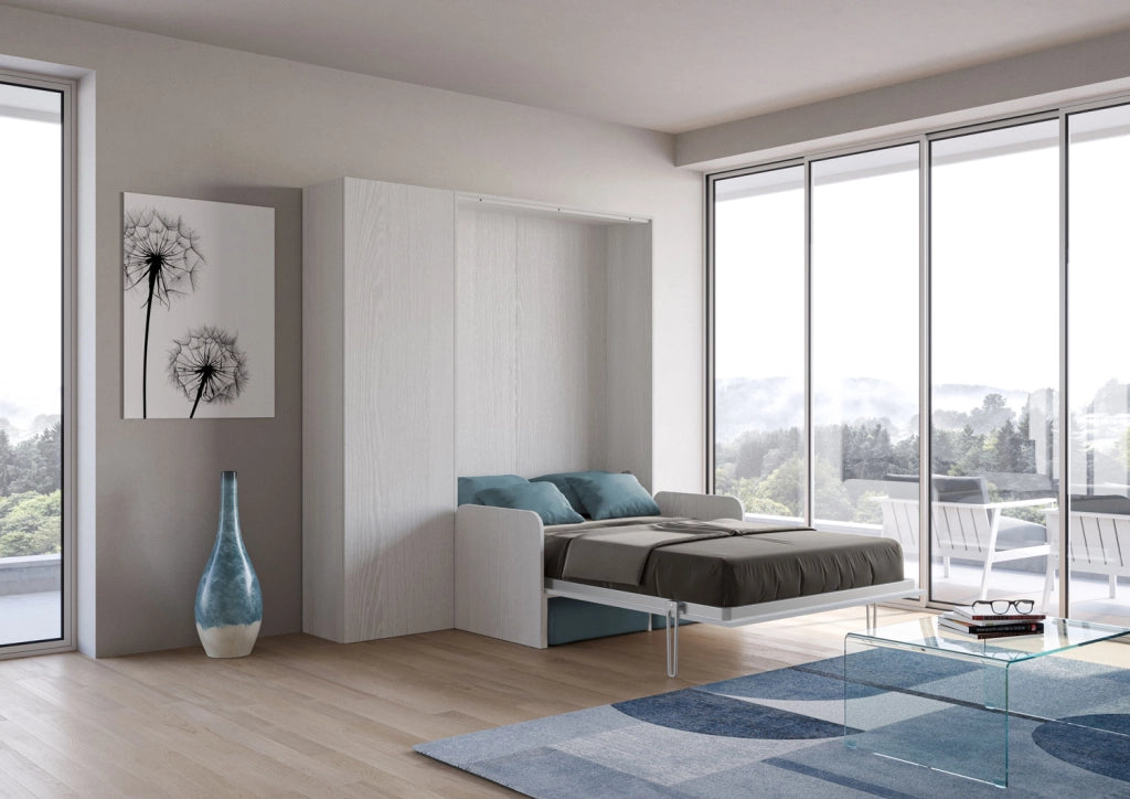 Letto matrimoniale francese a scomparsa 140 Kentaro con divano e colonna bianco frassino, azzurro