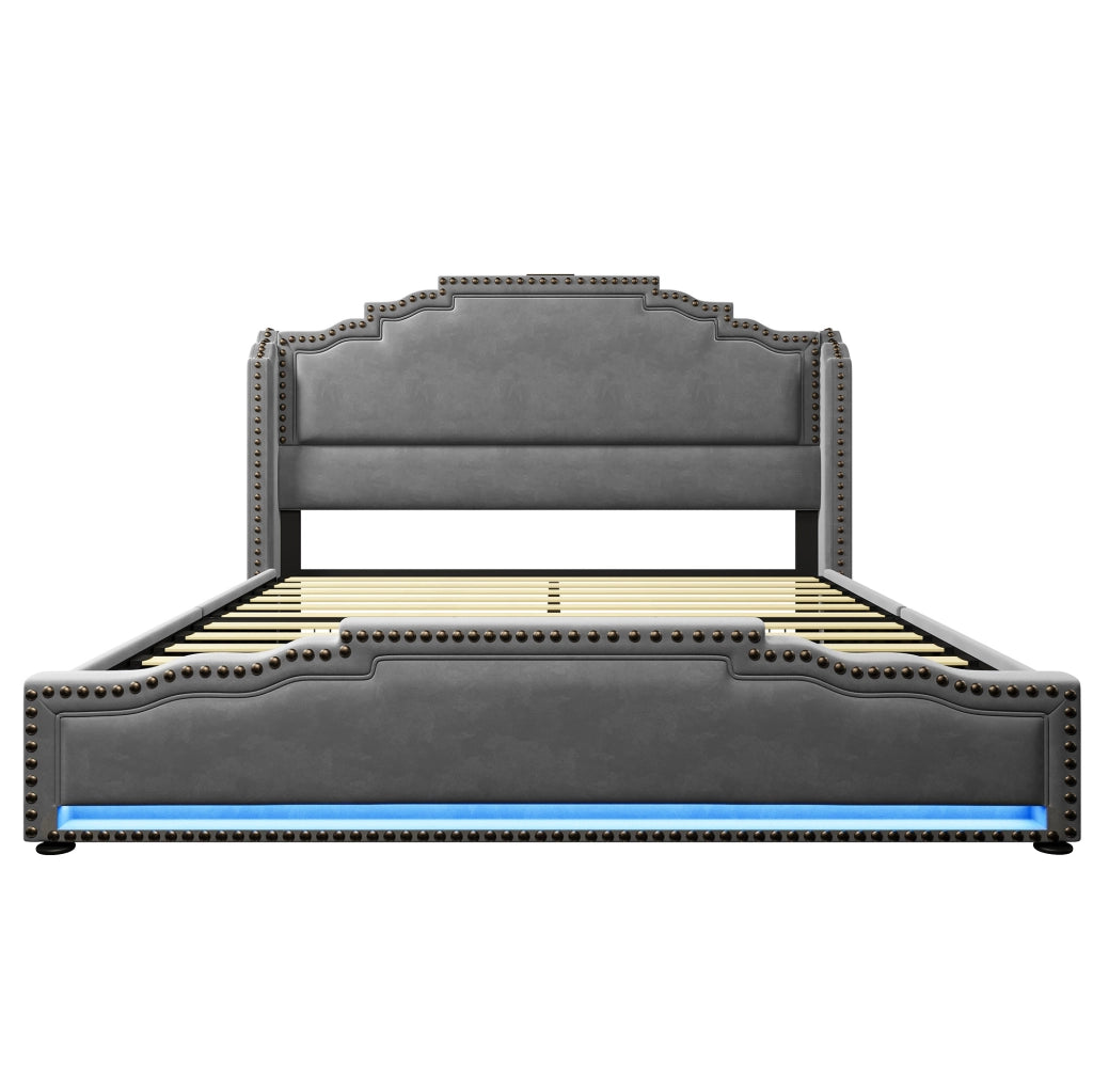 Letto matrimoniale ULEVR 140x200 cm con 4 cassetti, LED, USB e USB-C, velluto grigio