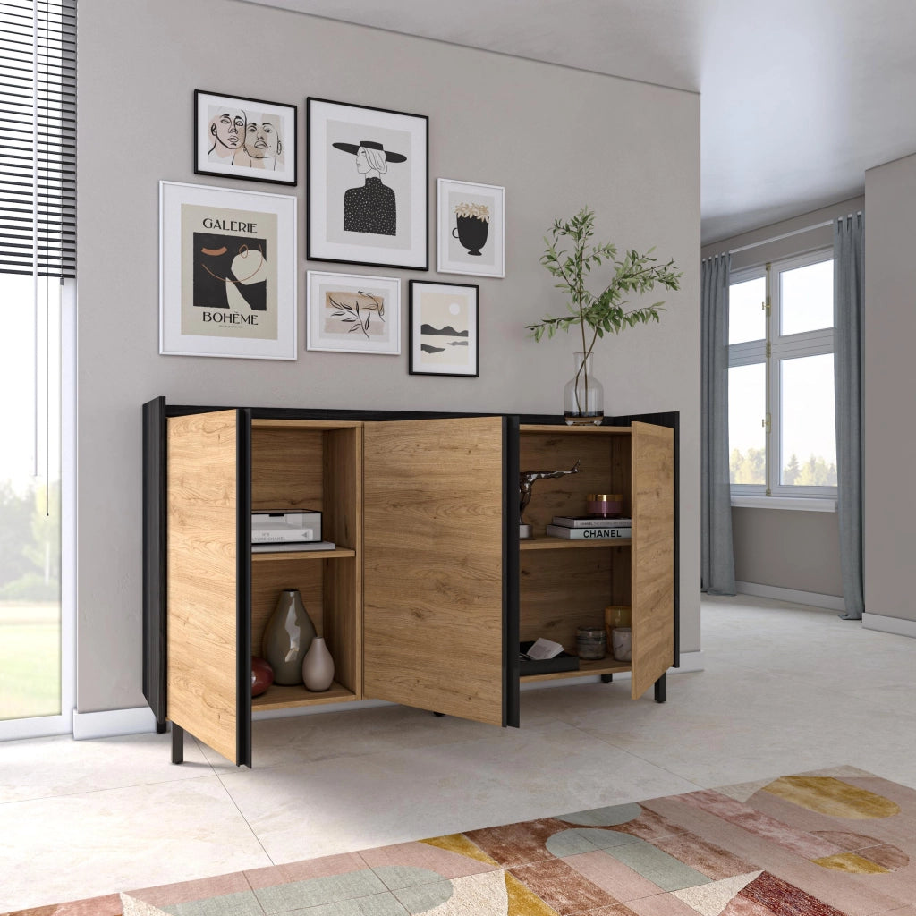 Credenza, Mobile, Cucina, 156x91x35 cm, 3 Porte, Design industriale, Rovere e nero