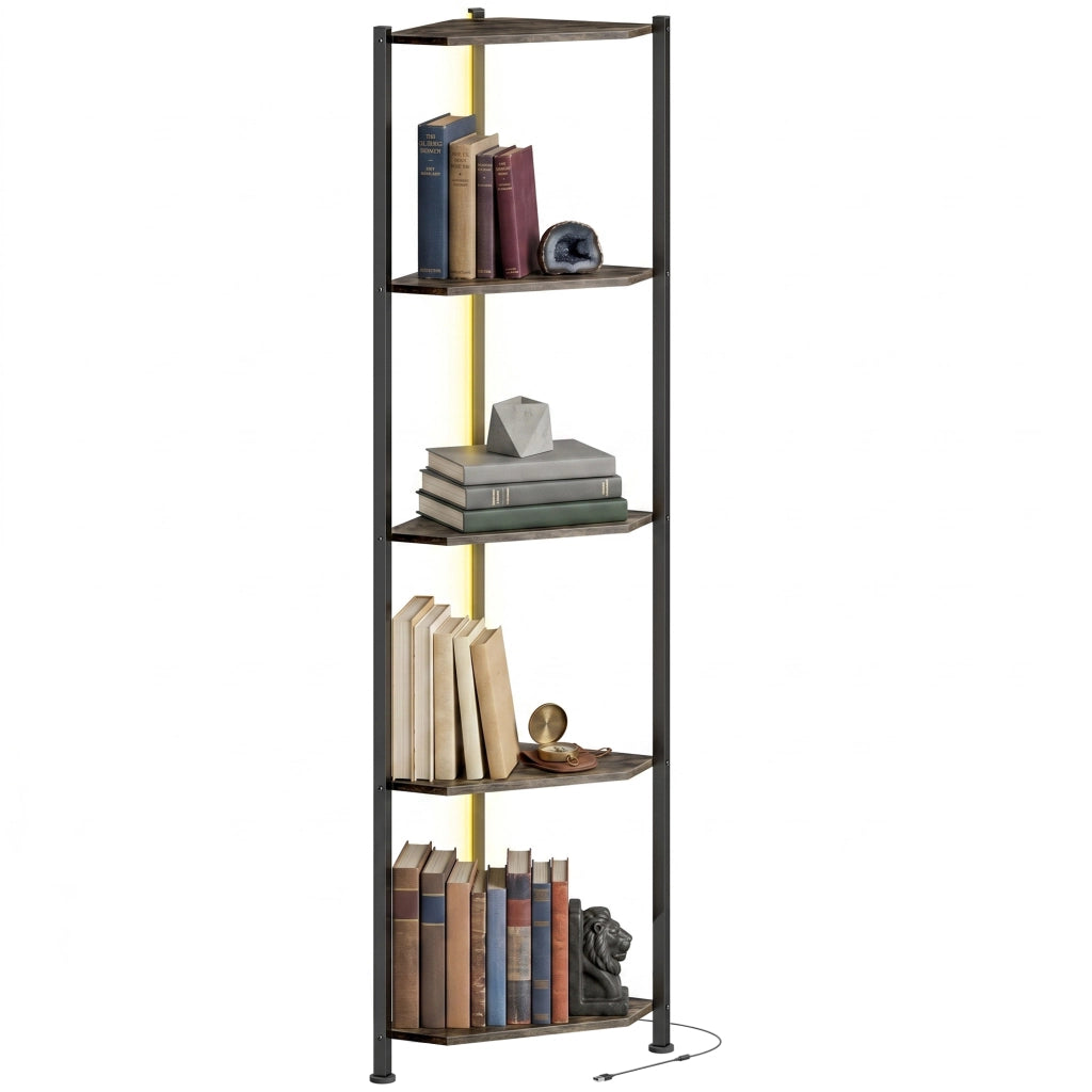 Libreria angolare 5 livelli con LED ¨C zephmum ¨C Rustico Marrone 100x30x200