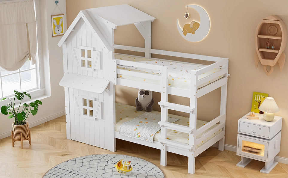 Letto a castello per bambini bianco 90x200 cm con ringhiere di sicurezza e scala a 3 gradini in pino, MDF e compensato