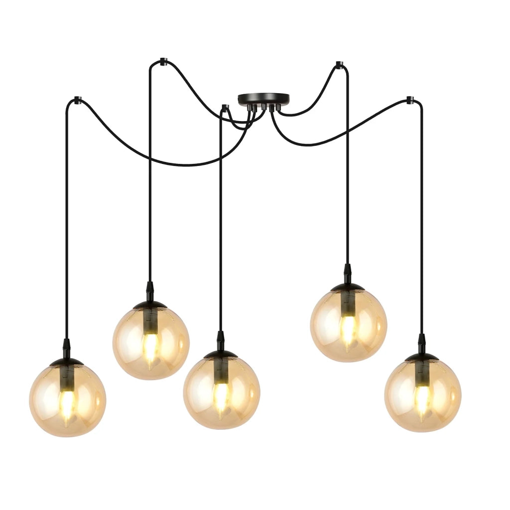 Lampadario 5 Luci Ginevra In Acciaio Nero Con Cavo Lungo E Vetri Ambra
