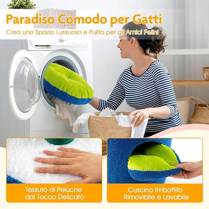 Albero per Gatti con Posatoio a Forma di Fiore, Condominio a Forma di Vaso, Tiragraffi a Forma di Stelo, Foglie Flessibili, Centro di Attività Versatile per Animali Domestici (Giallo)
