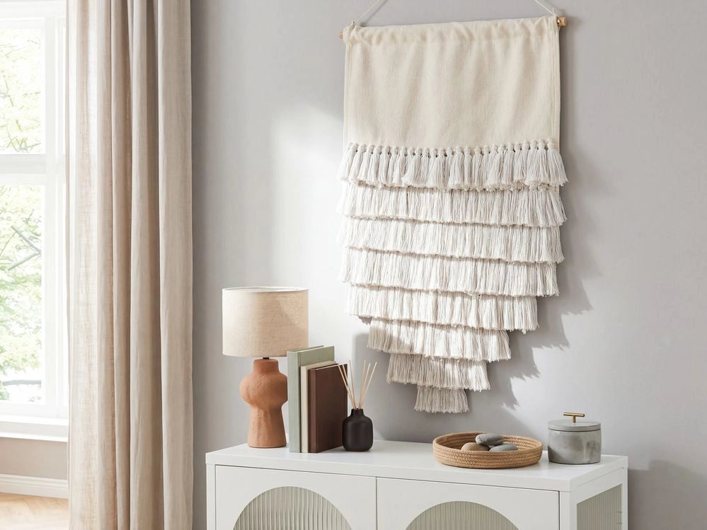 Decorazione da parete in cotone bianco sporco intrecciato a mano con frange Decorazione da parete Appendiabiti Decorazione in stile Boho Soggiorno Camera da letto