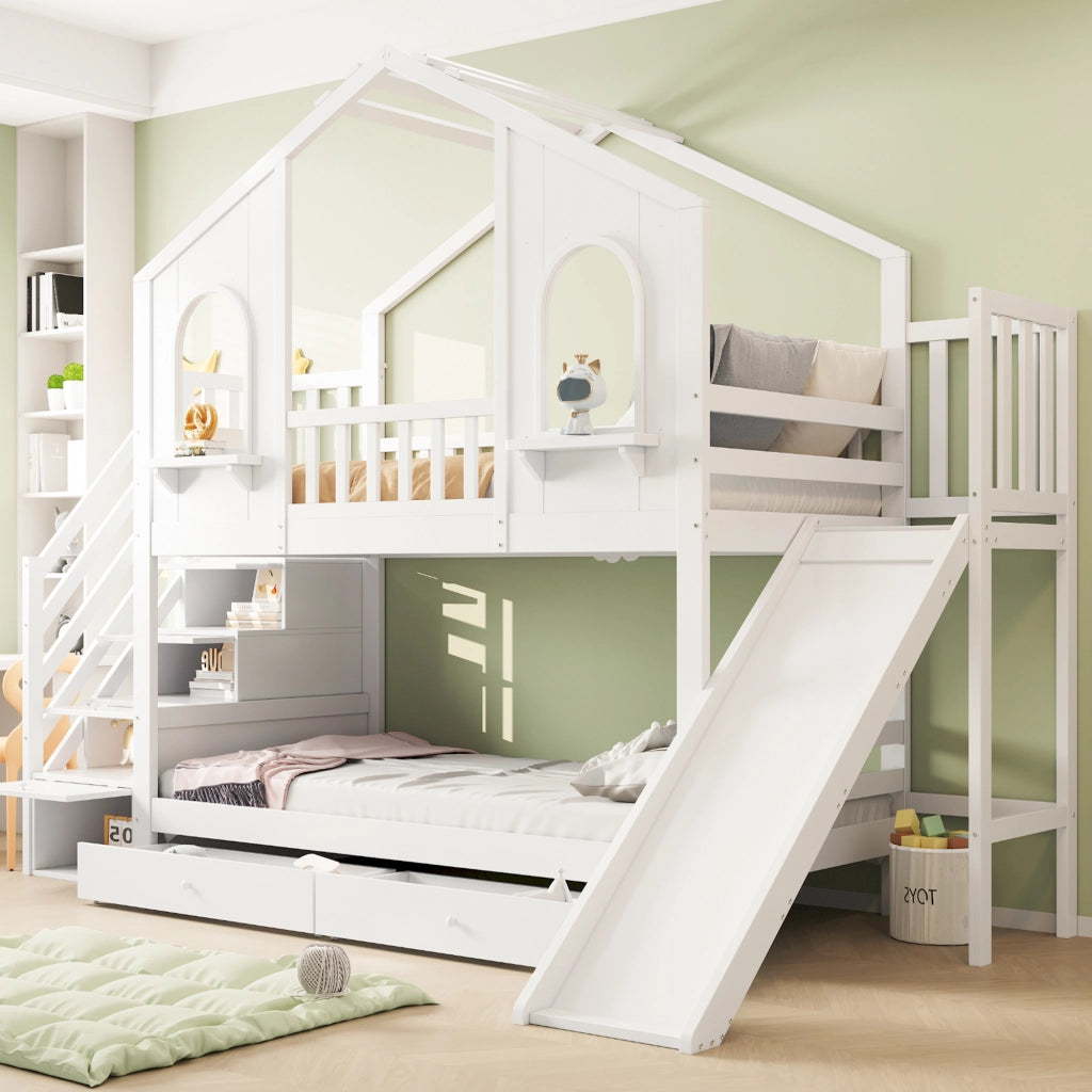 LETTO a castello a casetta 90x200 cm con scivolo e scala contenitore bianco