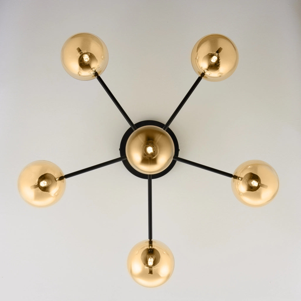 Plafoniera FIGARO Jupiter nera oro, 6 sfere ambra G9