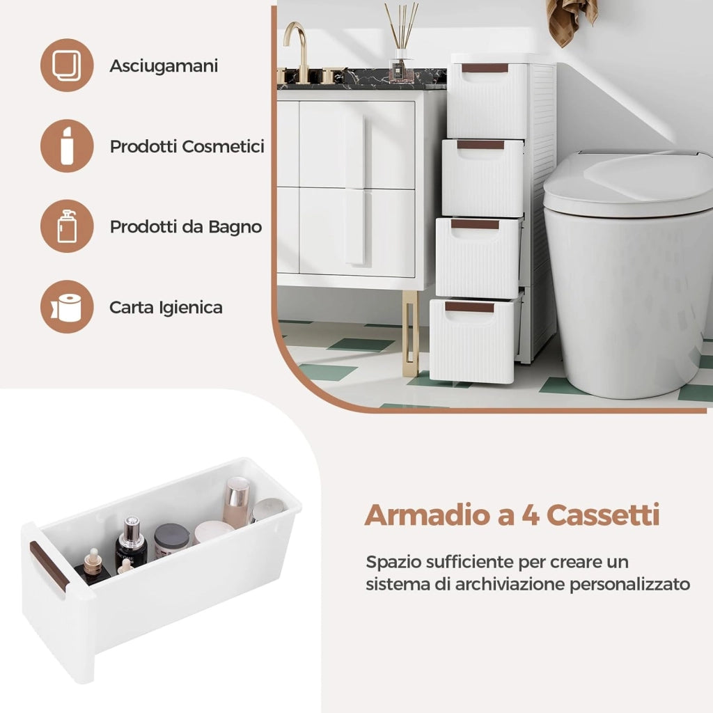 Mobile Bagno con 4 Cassetti, Mobiletto Bagno Salvaspazio con Ruote, Cassettiera in PP per Soggiorno, Bagno e Cucina, 42 x 19 x 74 cm