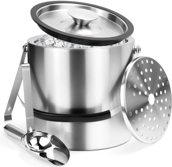 Supporto per contenitore per ghiaccio in acciaio inossidabile - Doppio isolamento - Argento - Contenitore per ghiaccio con accessori - Adatto per bevande fredde