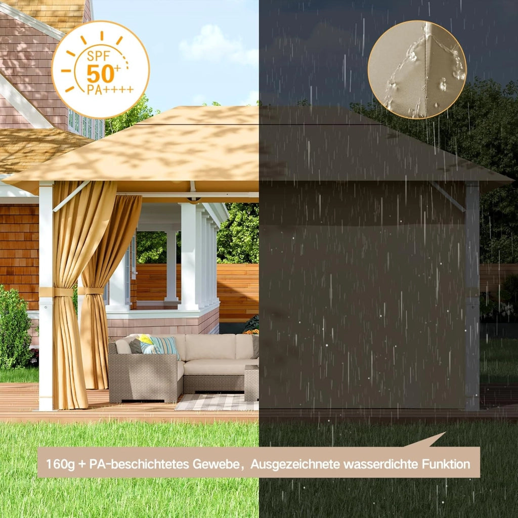 Gazebo 3x4 Impermeabile, Gazebos Giardino Invernale Resistente ai Raggi UV, Gazebos per Feste Stabile Gazebo Esterno Resistente con Struttura in Metallo, Beige