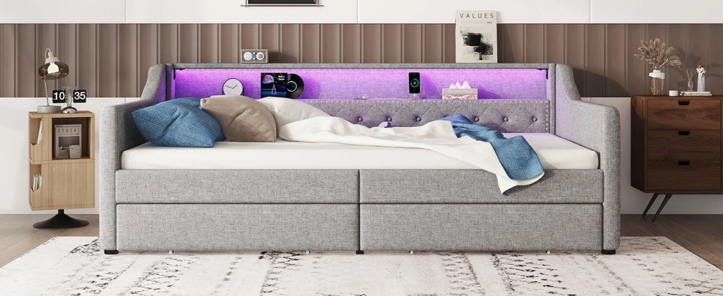 DESMIU Letto banquette 90 × 200 cm 1 posto con 2 cassetti, LED, USB, senza materasso, in lino, grigio