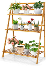 Scaffale Porta Piante Pieghevole in Bambù, Scaffale a Scala per Piante e Fiori con 3 Ripiani, Portapiante da Interno ed Esterno, Ideale per Terrazza, Giardino, Balcone e Portico