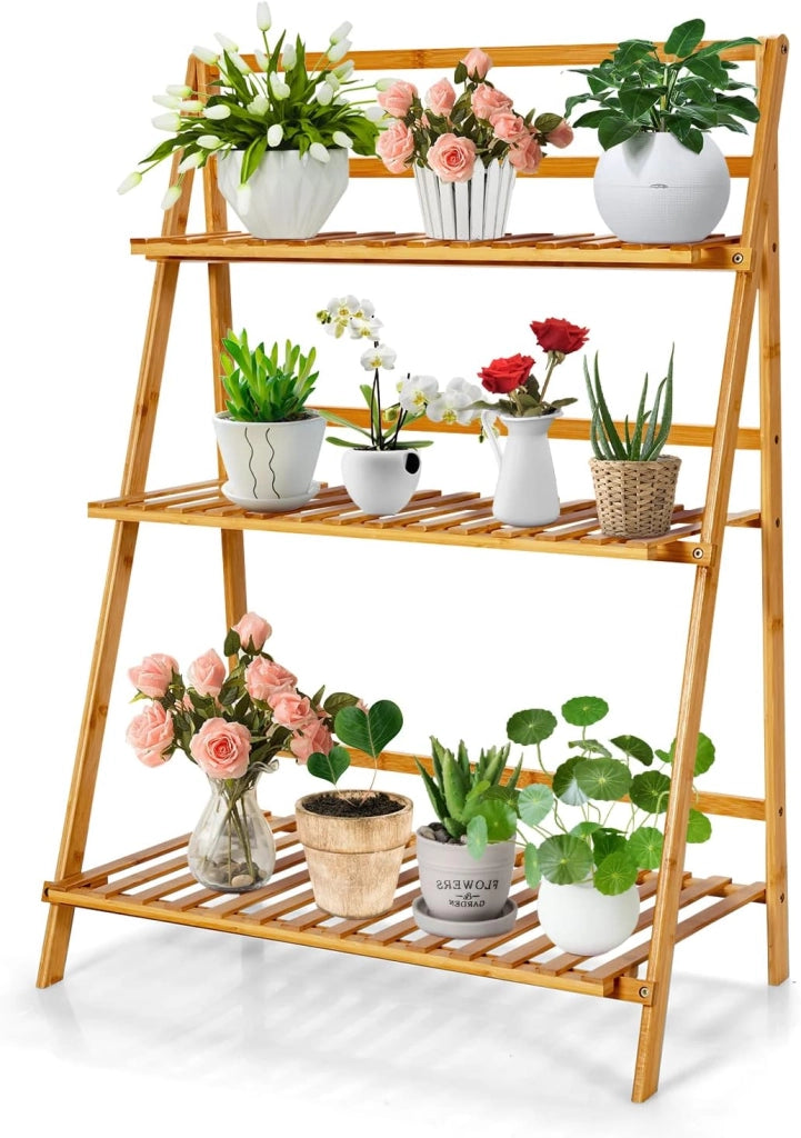 Scaffale Porta Piante Pieghevole in Bambù, Scaffale a Scala per Piante e Fiori con 3 Ripiani, Portapiante da Interno ed Esterno, Ideale per Terrazza, Giardino, Balcone e Portico
