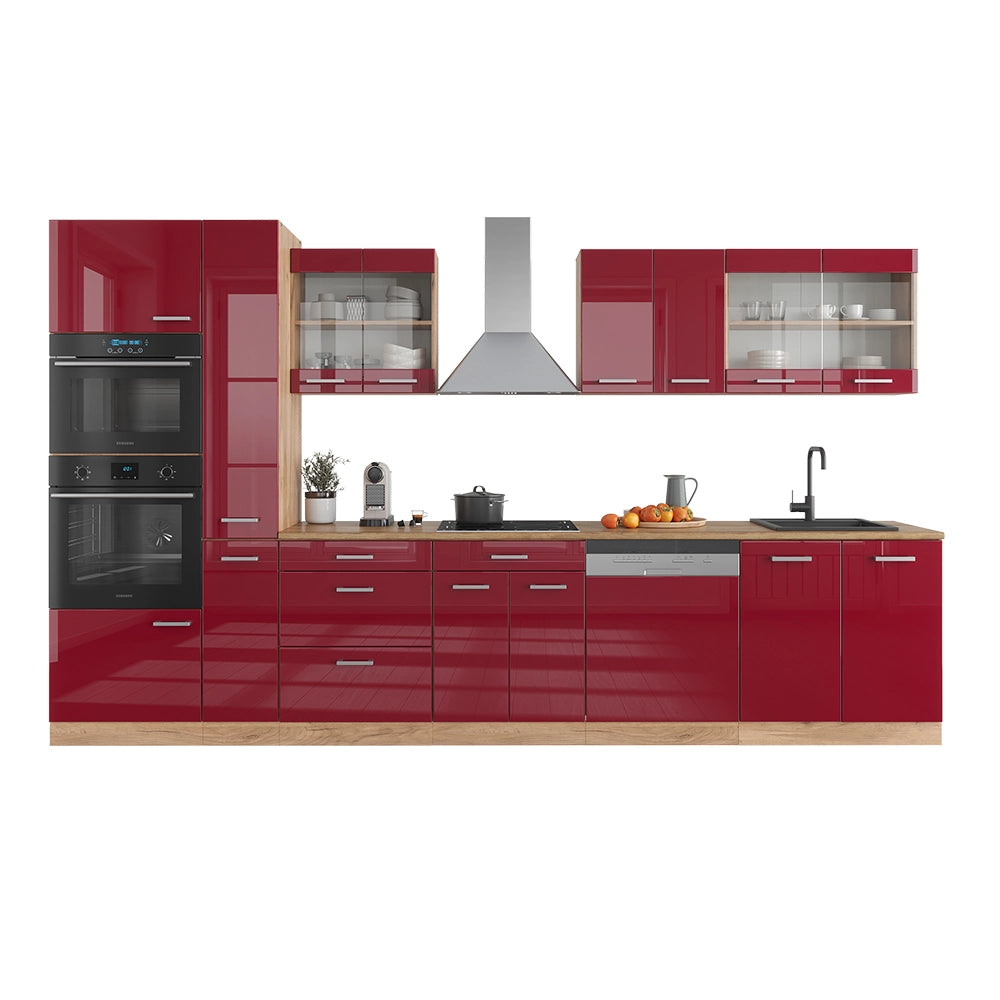 Vicco Cucina componibile Rosso lucido/rovere dorato 350 cm con armadio alto, senza piano di lavoro