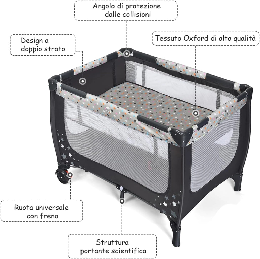 Lettino da Campeggio con Materasso, Lettino da Campeggio per Neonati, Culla da Viaggio Portatile con 2 Ruote, Borsa, per Bambini 0-36 Mesi, 125 x 65 x 76 cm (Grigio)