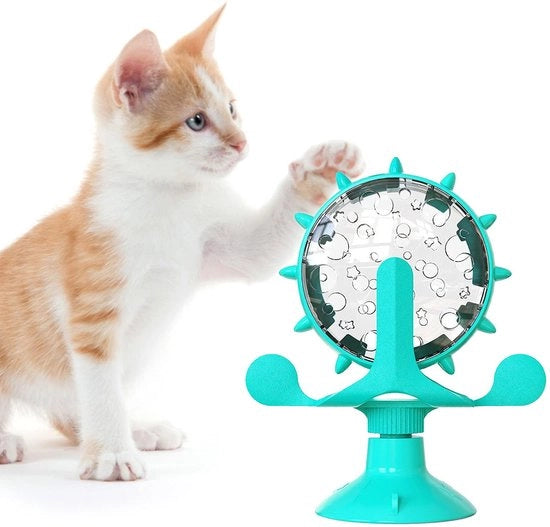 Dispensatore di cibo e trucchi interattivi per gatti che vivono all'interno, 360° ruota a vento mola-zampa giocattolo per piccoli animali domestici, puzzle originale con ciotola di cibo lenta per cani e dispensatore di trucchi e ruota (più blu)