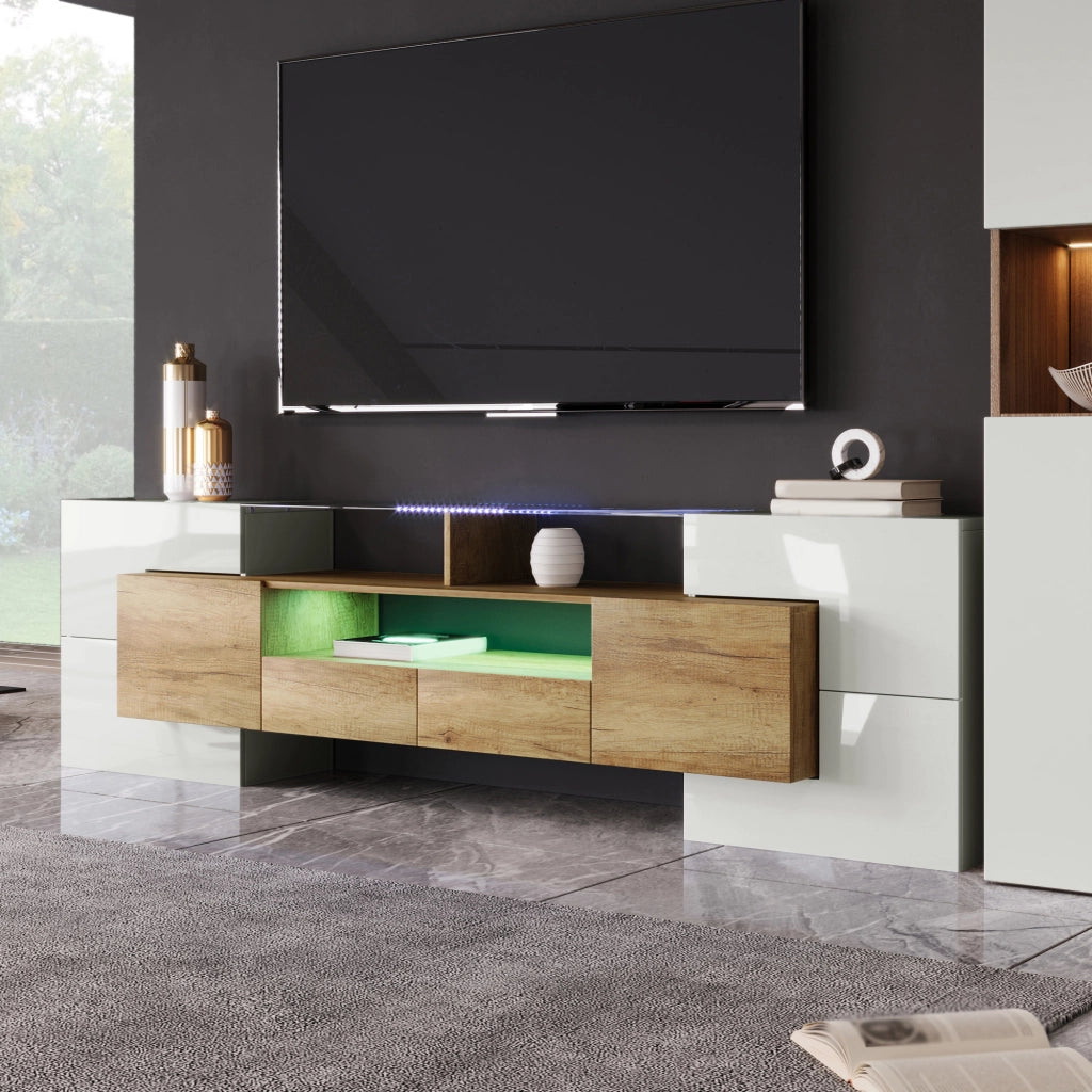 MOBILE TV 200x35x60 cm MDF Bianco lucido e colore legno con LED