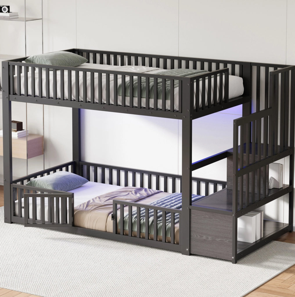 Letto a castello 90x200 con LED; scala contenitore e protezione; nero