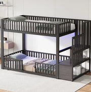 Letto a castello 90x200 con LED; scala contenitore e protezione; nero