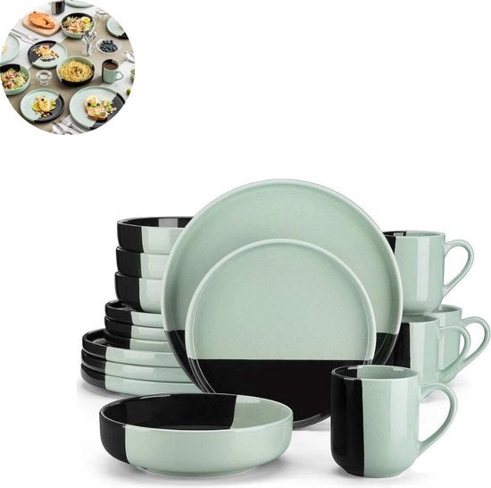 Set di Cucina - 32 pezzi - 8 persone - Porcellana - Set di Tavola - Piatti da Pranzo - Piatti da Dessert - Ciotole - Tazze - Ciotoline - Nero Verde