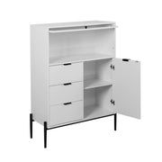 Credenza con 3 Cassetti; 1 Anta e 1 Anta in vetro; Ripiani regolabili; per Cucina; in Pannelli di particelle; 85×40×120 cm; Bianco