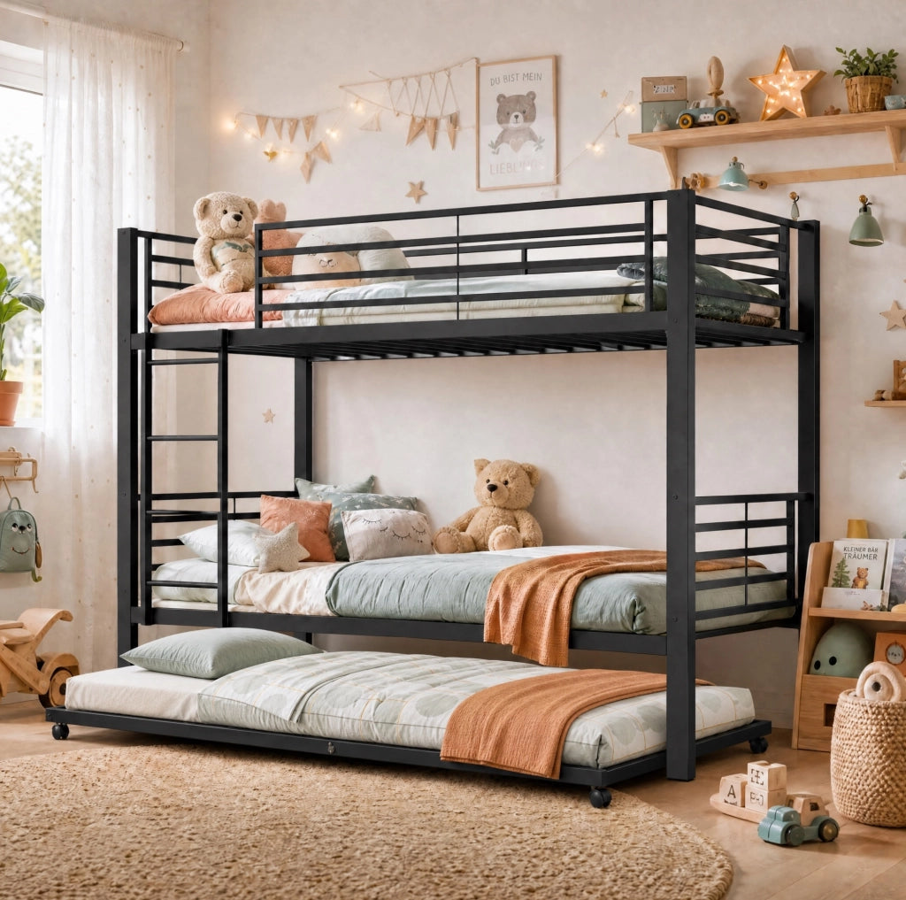 Letto a castello 3 posti in metallo nero 90x200 cm