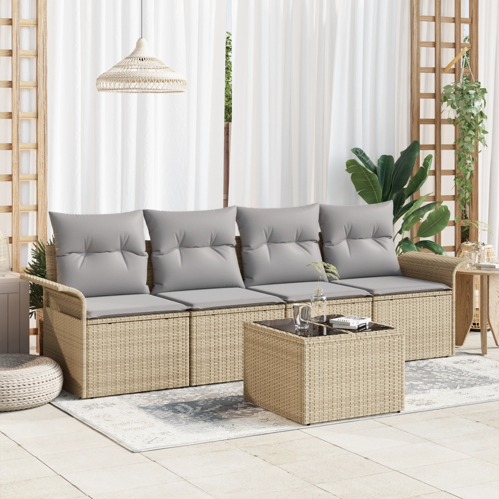 Set di Divani da Giardino  da 5 Pezzi con Cuscini Beige Polyrattan