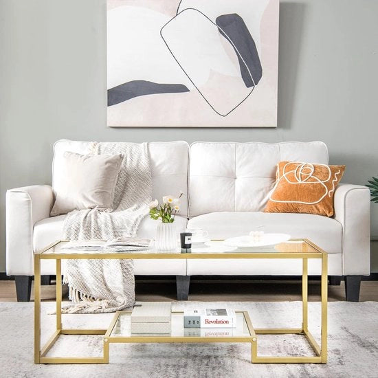 Tavolo salotto con superficie in vetro, struttura in metallo, vetro, tavolo per soggiorno, tavolo per ufficio, 114 x 51 x 43,5 cm