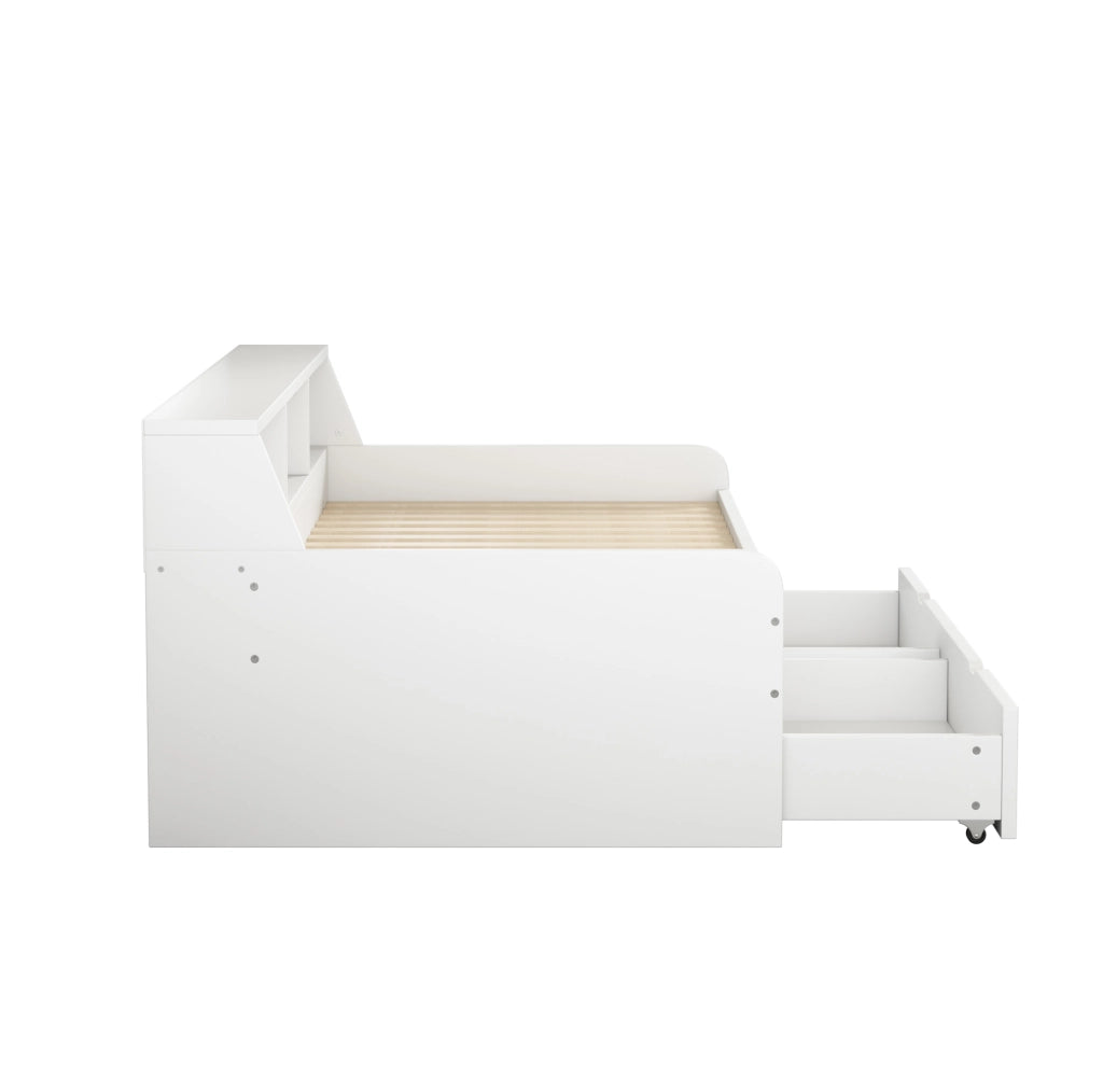 Letto giorno 90x200 cm con due cassetti e ripiani, bianco