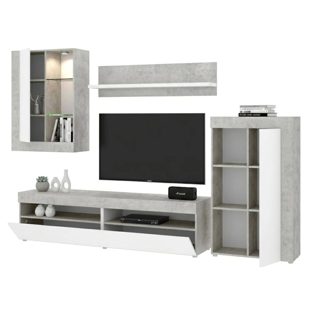 Parete attrezzata Aleu, Set da soggiorno componibile, Mobile salotto multiposizione, 265x42h180 cm, Bianco e Cemento