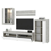 Parete attrezzata Aleu, Set da soggiorno componibile, Mobile salotto multiposizione, 265x42h180 cm, Bianco e Cemento