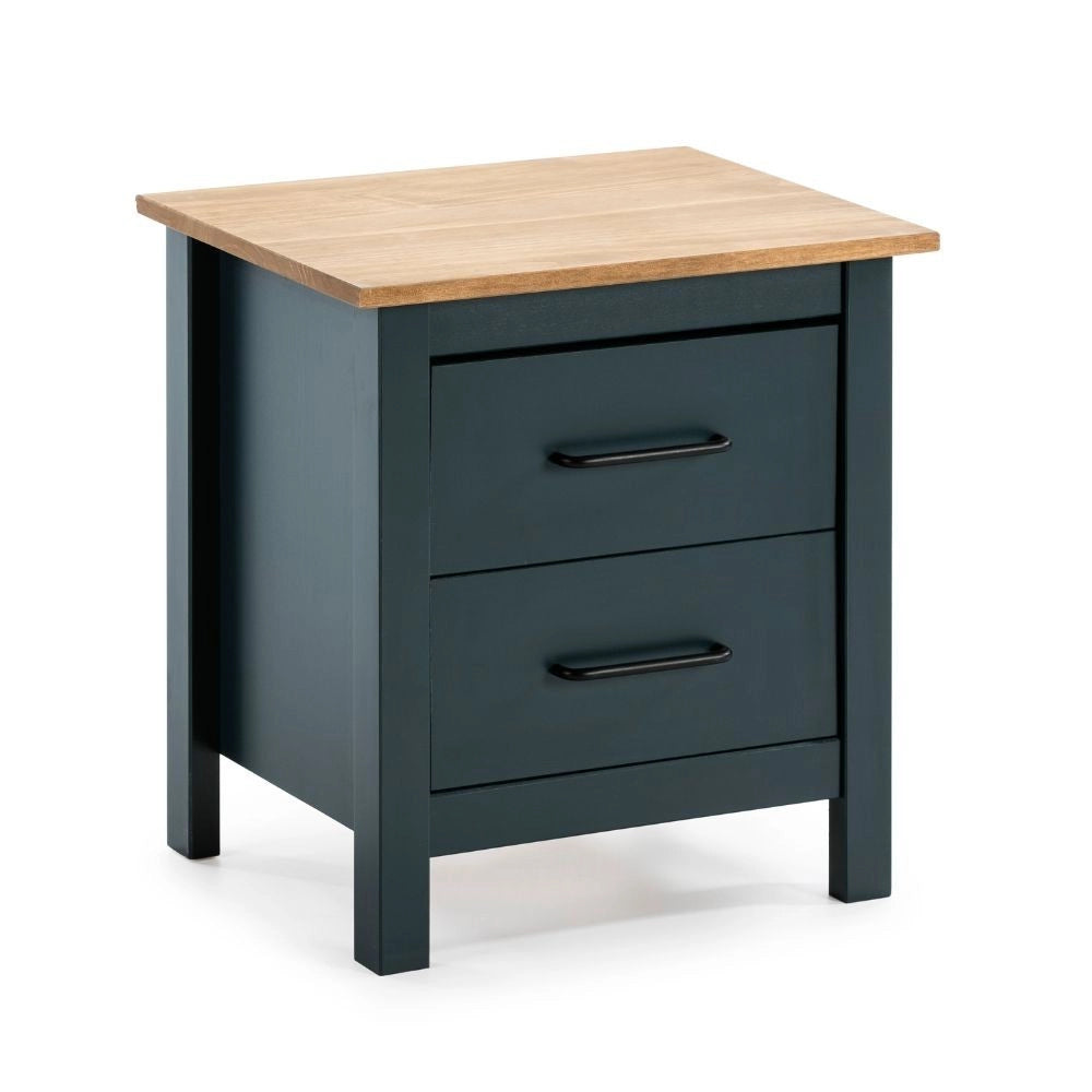 Comodino Miranda blu con top pino e 2 cassetti in legno massiccio