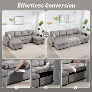 Divano Letto Moderno a U 282x140x86 cm con 2 Chaise Longue e Vani Contenitore Velluto a Coste Grigio