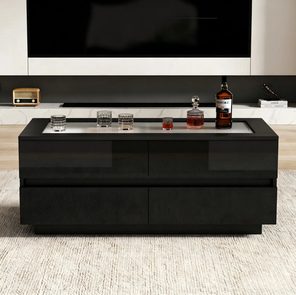 Tavolino da caffè con 4 cassetti e LED 100x50x40 cm in truciolare nero