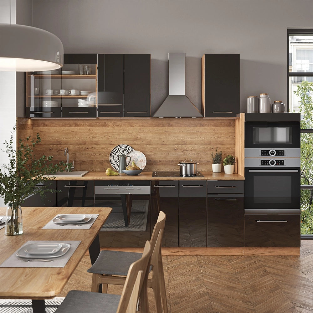 Cucina componibile Fame-Line Antracite lucido/Rovere dorato 300 cm con armadio alto, PL Marmo Vicco