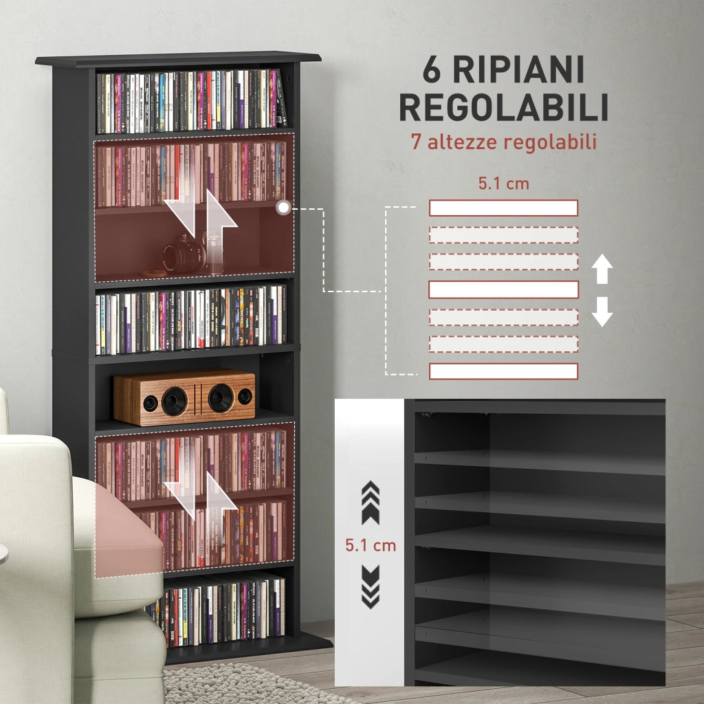 Scaffale Porta CD con 6 Ripiani Regolabili, Capacit¨¤ di 360 CD/185 DVD, 58x24x124.5 cm, Nero